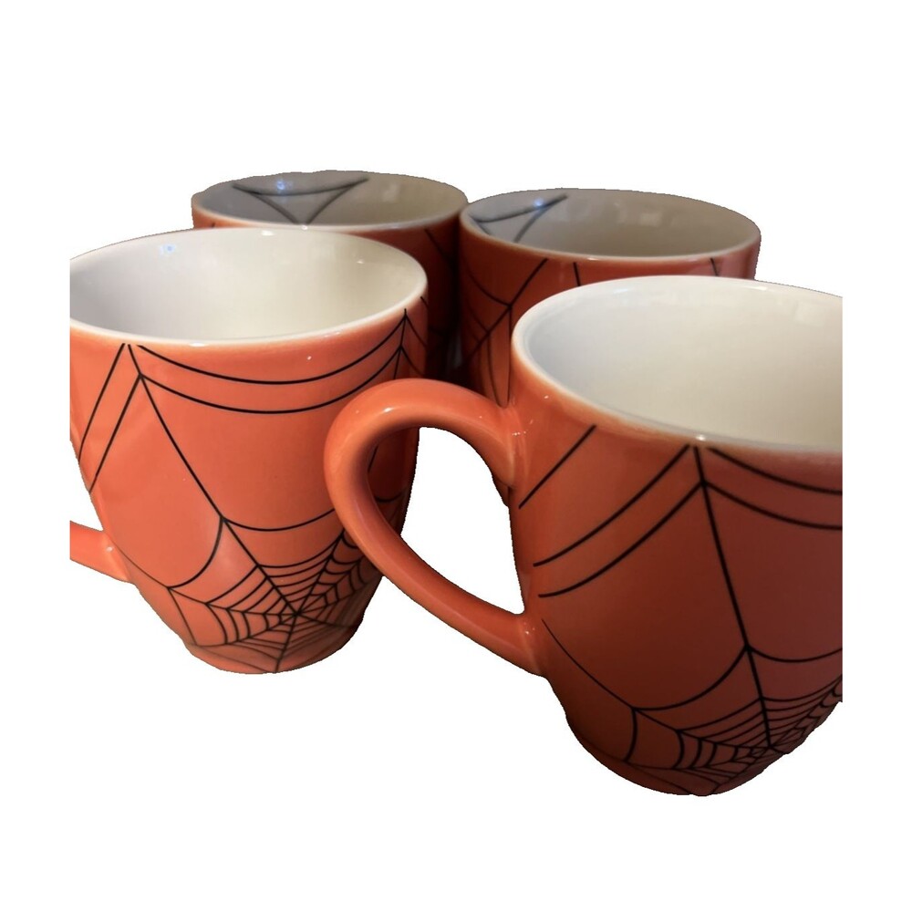 4 Williams Sonoma Spider Web Mugs Orange Black Halloween